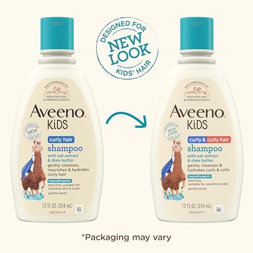 Aveeno Kids Curly and Coily Hair Shampoo bottle showing shea butter and oat extract ingredients.