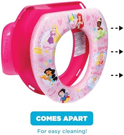 Disassembled parts of the Disney Princess potty trainer showing the easy cleaning mechanism