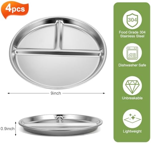Four piece 8-inch stainless steel kids plate set stacked