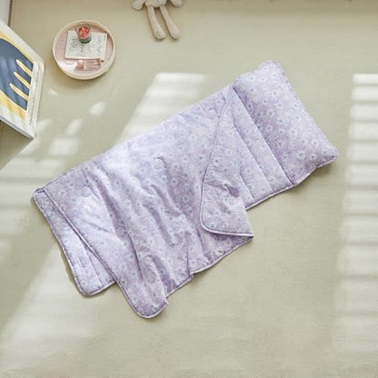 Side view of the purple floral toddler sleeping mat showing the plush cushion thickness