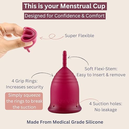KAVODA maroon medical grade silicone period cup standing next to storage container.
