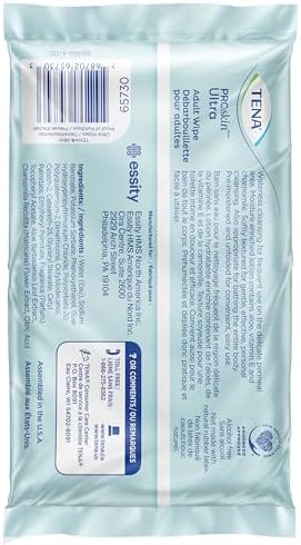 Back label of TENA ProSkin ultra cleansing cloths displaying directions for waterless body washing.