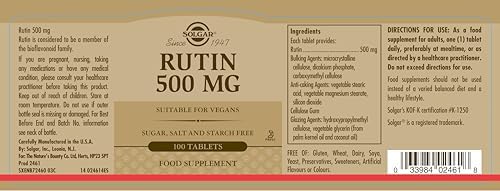Solgar Rutin 100 vegan tablets container showing natural bioflavonoid supplement facts