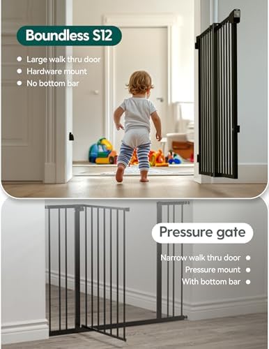 Black metal pet gate showing the zero threshold walkthrough design clearly