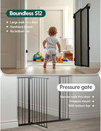 Black metal pet gate showing the zero threshold walkthrough design clearly