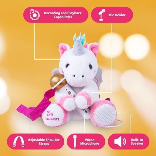 Singing Machine youth karaoke plush backpack demonstrating the adjustable shoulder straps for wearable travel.