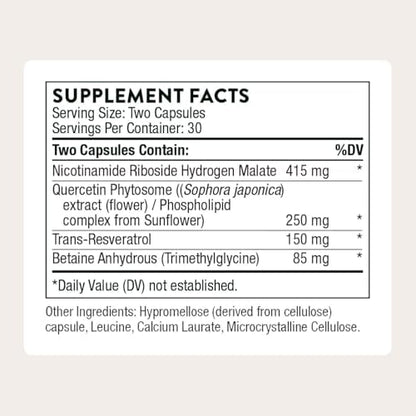 Thorne ResveraCel ingredient label showing nicotinamide riboside and resveratrol
