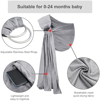 Close up view of the quick drying light grey mesh fabric on the vrbabies infant carrier.