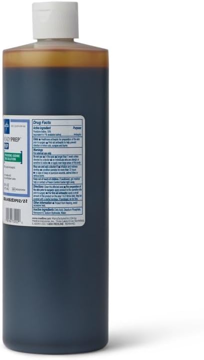 Medline 473ml Povidone Iodine surgical antiseptic bottle label detail