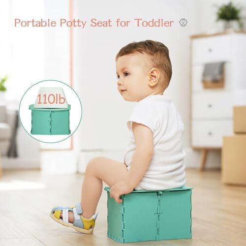 Toddler using portable foldable toilet seat outdoors