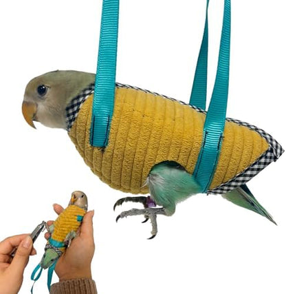 Yellow corduroy pattern bird walking outfit with decorative wings and harness.