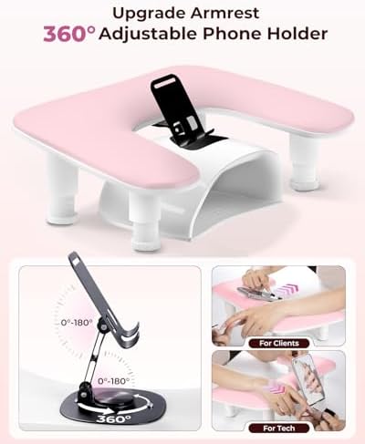 Nail tech hand rest showing 360 degree rotating phone holder
