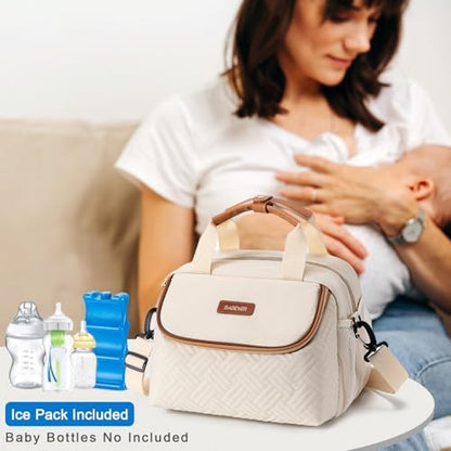 Lifestyle shot of Babeyer breastmilk cooler bag being carried by a mom