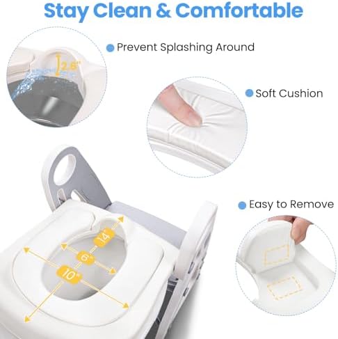 Removable soft padded cushion being lifted off the Primlect toddler toilet trainer seat.