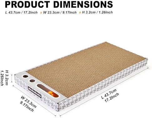 Wide boxed cat scratcher with raised edges trapping paper debris on tiled living room floor.
