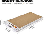 Wide boxed cat scratcher with raised edges trapping paper debris on tiled living room floor.