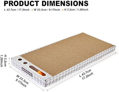 Wide boxed cat scratcher with raised edges trapping paper debris on tiled living room floor.