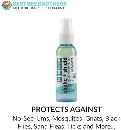 Best Bee Brothers Shake and Shield body mist natural insect spray bottle details.