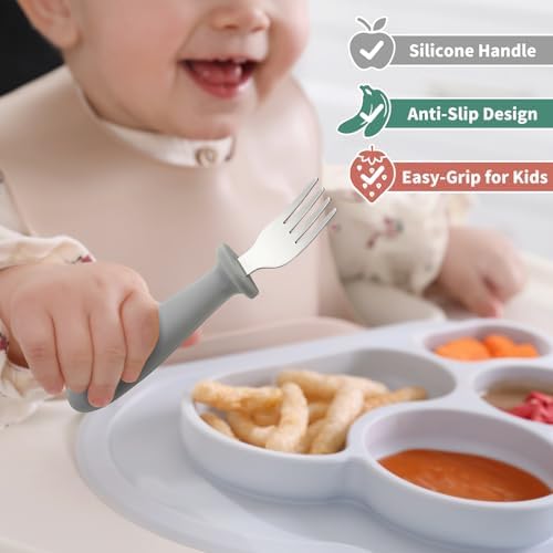 Close up of food grade silicone handle toddler utensils