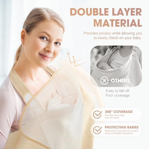 Mother using WVM cotton nursing cover in a public setting