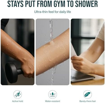 Hypoallergenic waterproof hydrocolloid tape shielding a minor burn under running tap water