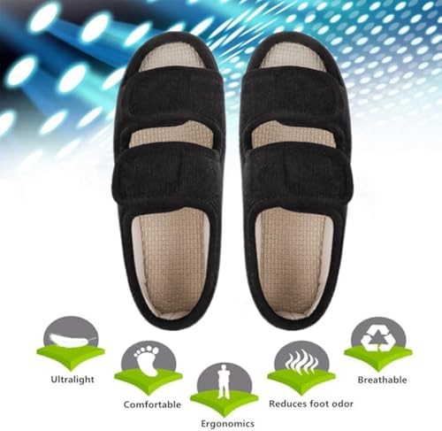 Side view of extra wide orthopedic slippers for swollen feet.