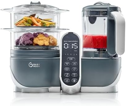 Babymoov multi speed baby food maker with separate steaming baskets filled with fresh vegetables