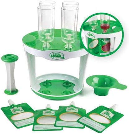 Sprout Cups infant puree squeezer station showing how the plunger inserts into the food tubes.