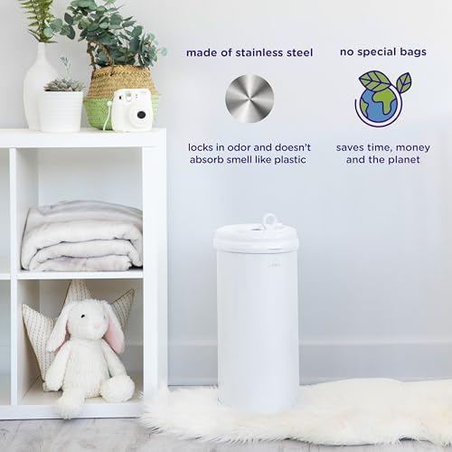 Ubbi steel diaper pail showing standard trash bag compatibility