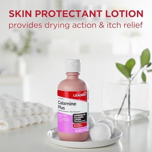 Six fluid ounce bottle of Leader pink calamine lotion for insect bites and rashes