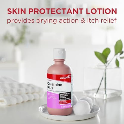 Six fluid ounce bottle of Leader pink calamine lotion for insect bites and rashes