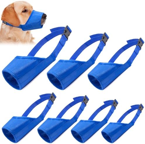 Seven distinct sizes of adjustable waterproof fabric pet mouth covers laid out sequentially.