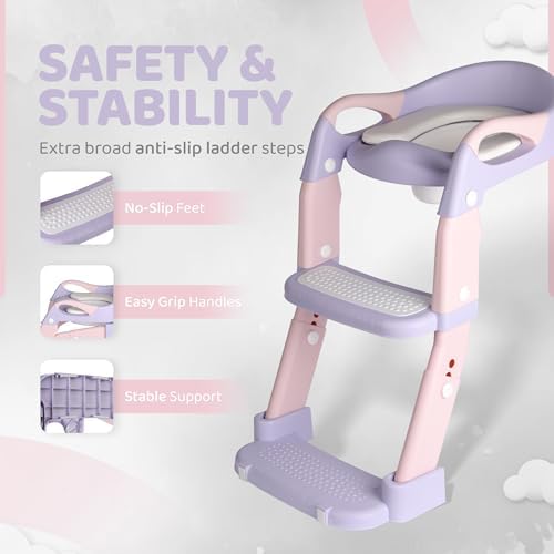 Bottom view focusing on the anti-slip rubber feet of the baby toilet training ladder for bathroom safety.