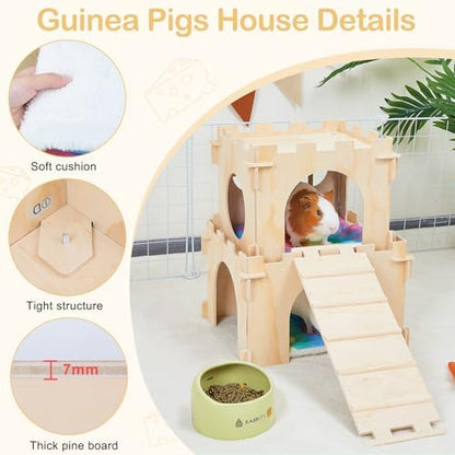 Guinea Pig Hideout, Guinea Pigs House with Stairs and Mats Extra Large Guinea Piggy Castle Detachable Hideouts for Small Animals Wooden Guinea Pig Habitats with Multiple Doors and Windows - Image 6