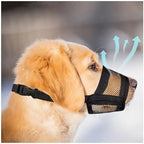 Side profile of large dog wearing breathable mesh muzzle