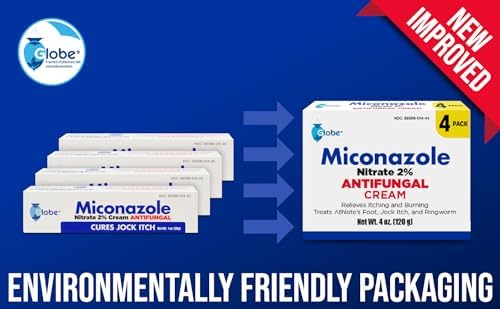 Four tubes of Globe miconazole nitrate two percent cream for athlete foot relief arranged together.