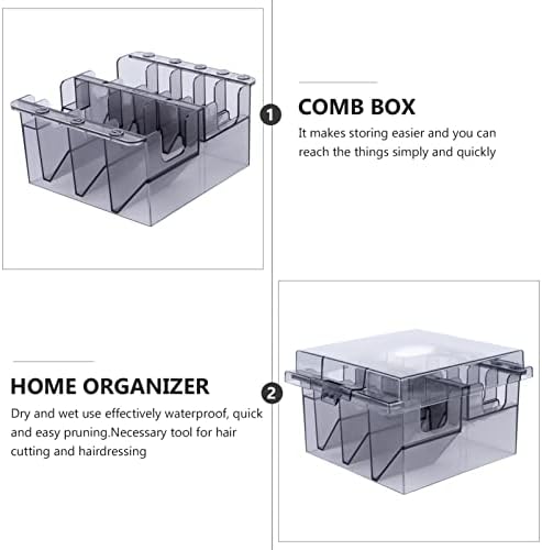 Desktop container organizer filled with various sizes of colorful haircutting clipper guards
