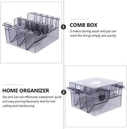 Desktop container organizer filled with various sizes of colorful haircutting clipper guards