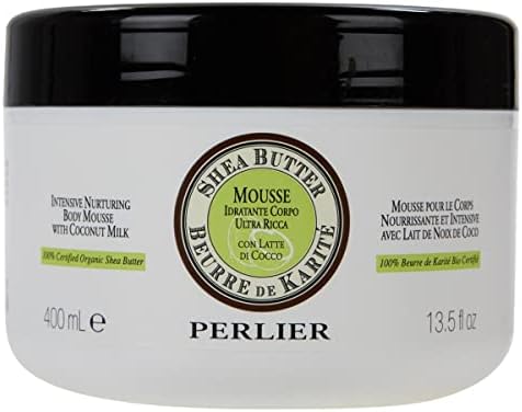 Whipped texture of Perlier organic shea butter and coconut milk body cream imported moisturizer jar