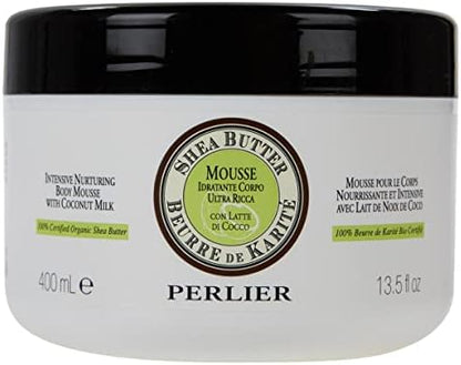 Whipped texture of Perlier organic shea butter and coconut milk body cream imported moisturizer jar