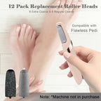 Close up of black extra coarse and grey regular coarse pedicure roller refills.