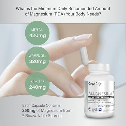 Supplement facts label on Organixx Magnesium Glycinate Complex bottle displaying seven chelated forms.