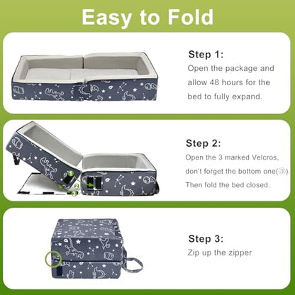 JOYWOO lightweight toddler floor mattress being carried by its integrated fabric handle.