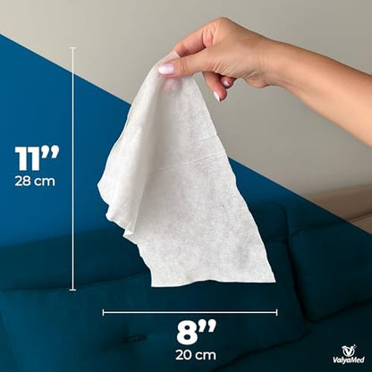 ValyaMed bedridden patient bathing wipes ingredient callout featuring Vitamin E and Provitamin B5 benefits.
