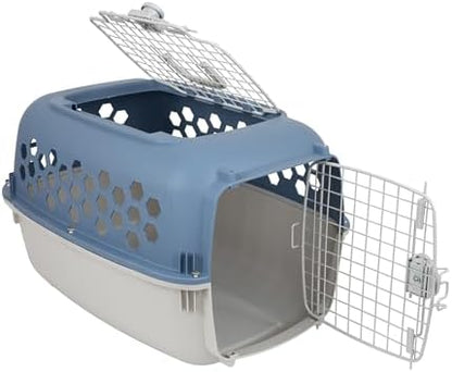Top and bottom sections of the pet kennel nested together for storage