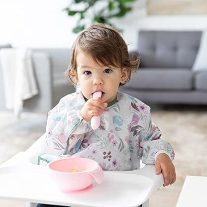 Bumkins stage one infant self feeding utensils set showing flexible silicone construction