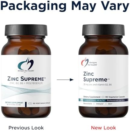 Designs for Health Zinc Supreme chelated mineral supplement highlighting the non-GMO and gluten-free badges