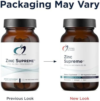 Designs for Health Zinc Supreme chelated mineral supplement highlighting the non-GMO and gluten-free badges