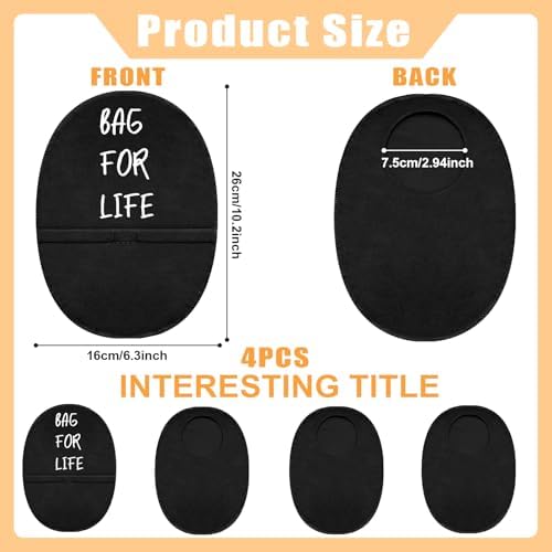 Four pieces of stretchy colostomy pouch covers in black fabric.