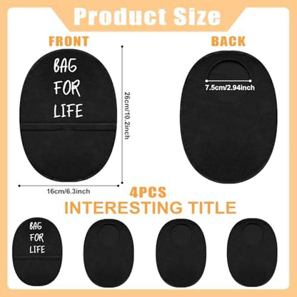 Four pieces of stretchy colostomy pouch covers in black fabric.